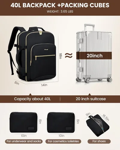 Miniatura 5 de LOVEVOOK Mochila de viaje de 40L aprobada para vuelo, 3 cubos de embalaje, bolsa de viaje impermeable para artículos personales, equipaje de mano