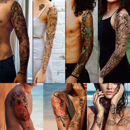 Miniatura 2 de 46 hojas de tatuaje temporal de brazo completo para mujeres con peonía, pájaro, margarita, rosa, medio brazo, flores, crisantemo, tatuajes