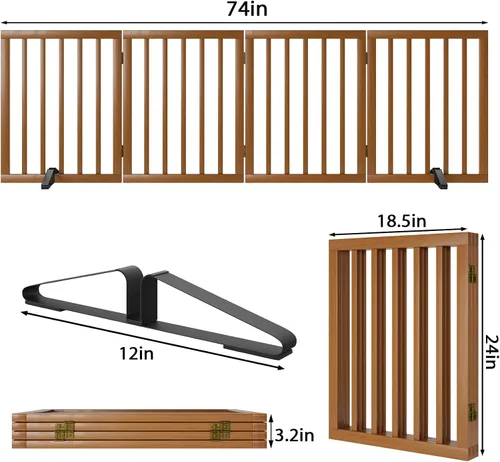 Miniatura 5 de Puerta independiente para mascotas, plegable, de 4 paneles, puerta de nogal para perros, para escaleras, puertas de casa, interiores