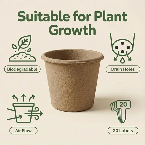 Miniatura 3 de Paquete de 20 macetas de turba de 5 pulgadas con 20 etiquetas para plantas, macetas biodegradables con agujeros de drenaje, macetas de vivero