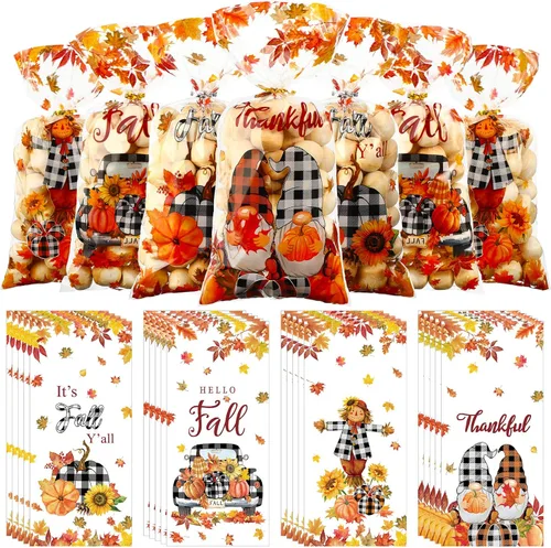 200 bolsas de regalo de Acción de Gracias, bolsas de celofán de otoño, bolsas de golosinas a cuadros de otoño, hojas de arce, calabaza, bolsas de
