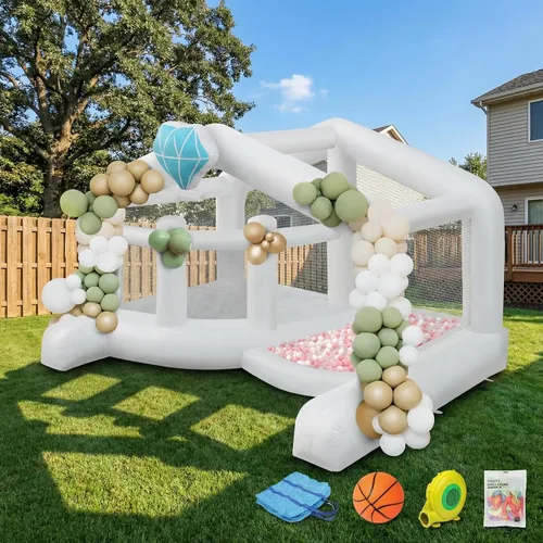 Miniatura 9 de JOYMOR Bounce House para niños (12 pies x 10 pies x 7.2 pies) con tobogán, globos, espaciosa gorila, casa de rebote blanca para fiesta de cumpleaños