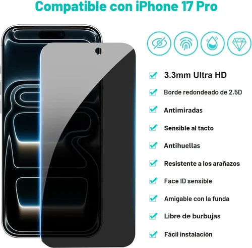 Miniatura 2 de PEHAEL 3+3 Pack para iPhone 17 Pro protector de pantalla de privacidad con protector de lente de cámara, película de vidrio templado antiespía