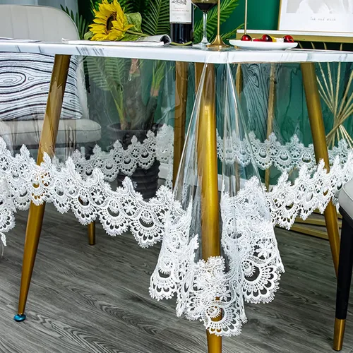 Miniatura 12 de Jeloris Mantel redondo de plástico transparente de vinilo PVC impermeable con borde de encaje bordado, cubierta de mesa transparente para cocina