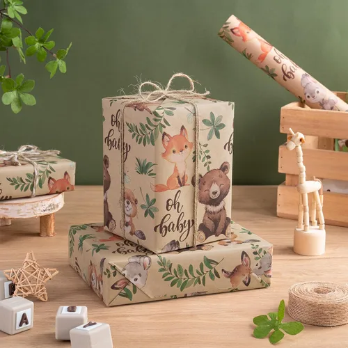 Miniatura 3 de RUSPEPA - Rollo de papel para envolver regalos con diseño de animales del bosque, mini rollo, papel kraft con texto "Oh Baby" para baby shower