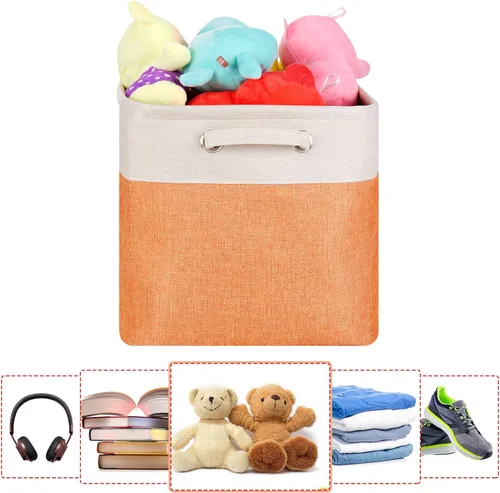 Miniatura 4 de Cajas de almacenamiento plegables de tela, cajas de almacenamiento plegables de 13 pulgadas, canastas de almacenamiento de retazos naranja y beige