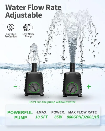 Miniatura 2 de POPOSOAP Bomba sumergible de 880 GPH (3200 L/H, 85 W), bomba de fuente ultra silenciosa con protección contra sobrecalentamiento y esponja de filtro
