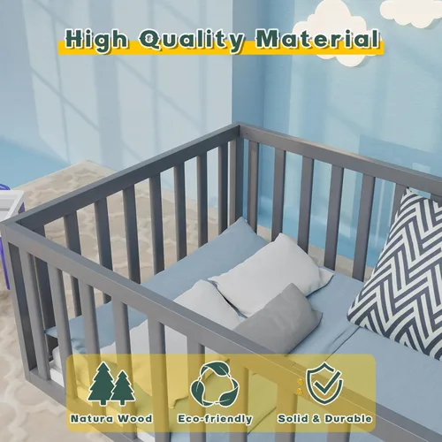Miniatura 3 de Zevemomo Cama de suelo tamaño individual para niños y niños, cama de piso Montessori individual con barandillas de seguridad y puerta, cama de piso