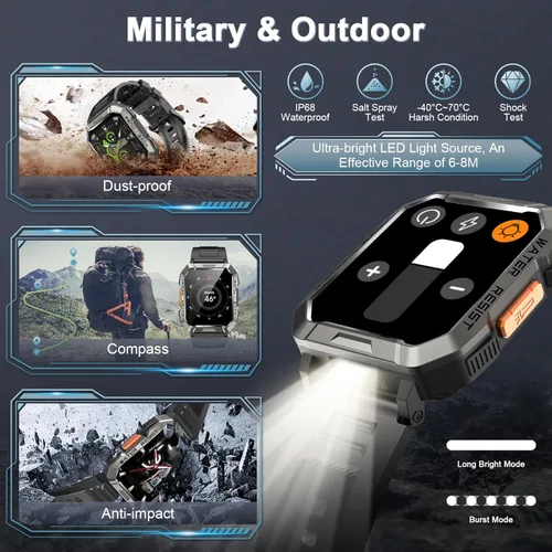 Miniatura 8 de Reloj inteligente militar para hombre (respuesta/hacer llamadas), reloj inteligente deportivo al aire libre con linterna/batería de 100