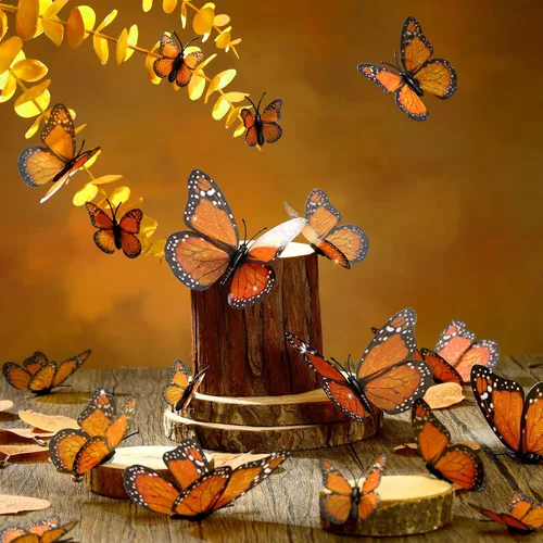 Miniatura 3 de 48 piezas de 4 tamaños de decoraciones de mariposa monarca falsas, calcomanías 3D magnéticas falsas para otoño, Halloween, día de los muertos