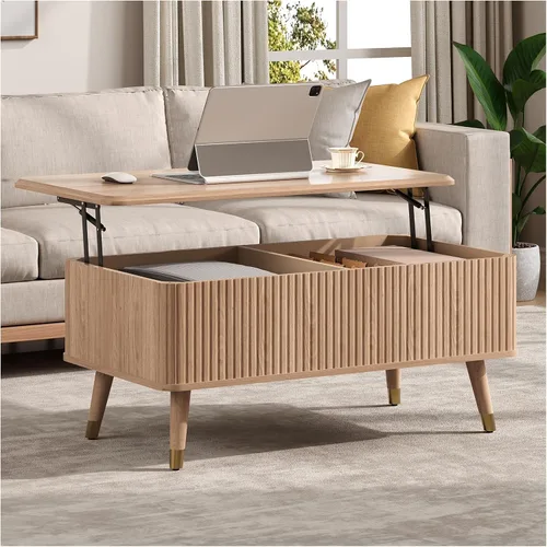 Mesa de centro elevable con almacenamiento, mesa de centro moderna de mediados de siglo con patas de madera maciza, mesa central minimalista Roble