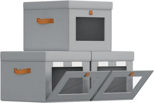 Miniatura 13 de Homsorout Contenedores de almacenamiento con tapa, organizador de armario con apertura lateral y ventana transparente, cesta plegable de tela Beige