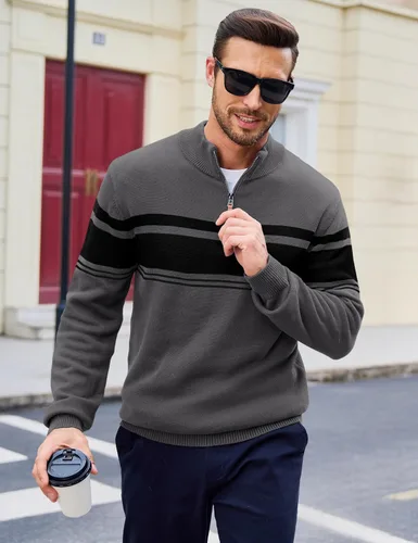 Miniatura 20 de MAGCOMSEN Suéteres de algodón con cremallera de 1/4 para hombre, suéter tipo polo, a rayas, para otoño e invierno, sudaderas cálidas