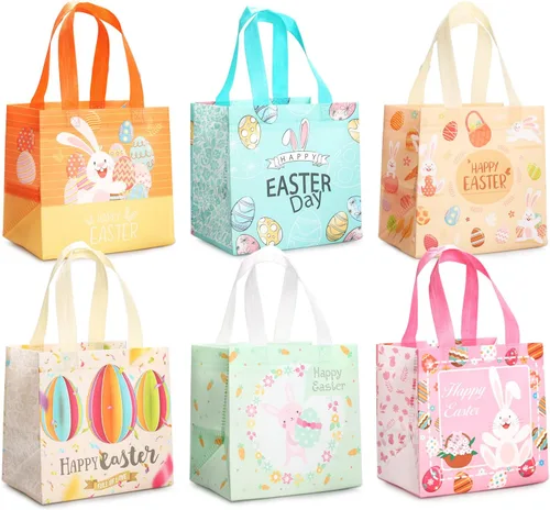 PARSUP 6 bolsas multifuncionales no tejidas con asas, diseño de conejo de Pascua, zanahoria, pollito y zanahoria, suministros de fiesta de Pascua