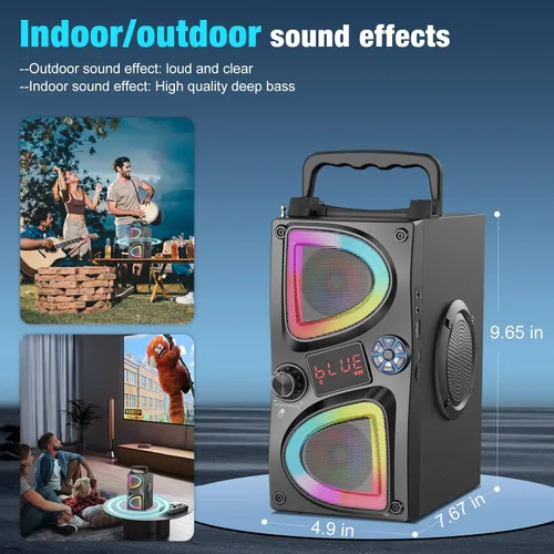 Miniatura 5 de Altavoz Bluetooth, 60W (Pico) Altavoces Inalámbricos Portátiles Pequeños para Fiestas en Casa con Doble Subwoofer de Graves Profundos, Radio, Luces