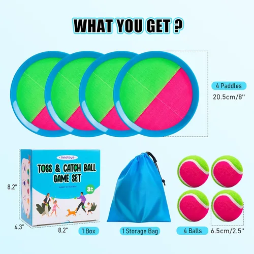 Miniatura 2 de Juego de pelota para lanzar y atrapar, 4 paletas y 4 bolas al aire libre, juego de captura de remo para niños, patio trasero, playa, piscina, patio