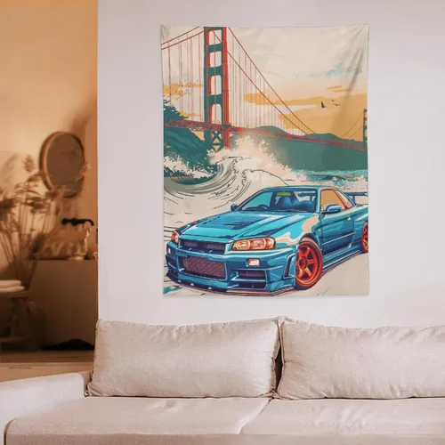 Miniatura 6 de QEOPGNE Tapiz grande para colgar en la pared, diseño de puente de puerta dorada, grandes olas, japonés, retro, Jdm, auto, R34, tapiz para 2