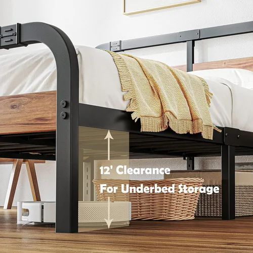 Miniatura 3 de ZIYOO Marco de cama de metal de estilo industrial con cabecera y estribo de madera maciza, listones de acero de alta resistencia de 14 pulgadas que