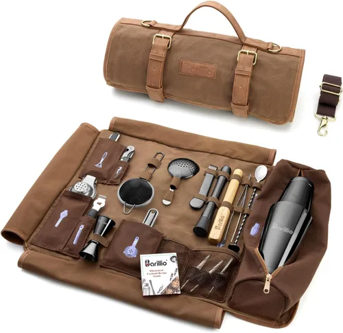 Miniatura 11 de Barillio Bolsa de Kit de Barman con Juego de Coctelera Negra – Lona Encerada, Bolsa de Herramientas de Bar de Viaje con Kit de Cóctel de 17 Piezas