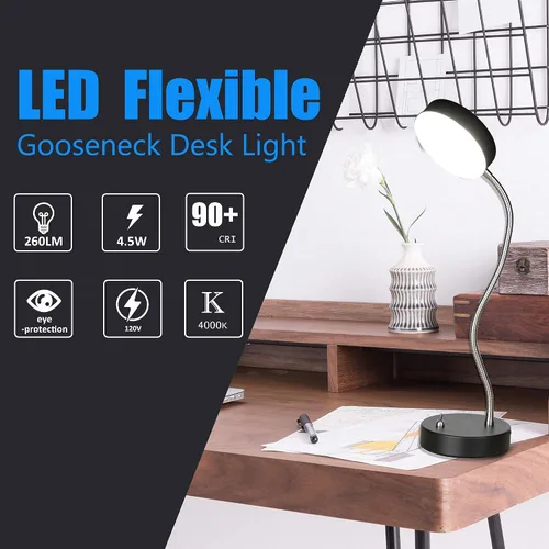 Miniatura 3 de Lámpara de escritorio LED de cuello de cisne flexible de 19.25 pulgadas, luz de mesa plegable con base estable, 4.5 W, 260 lúmenes, 4000 K, cable