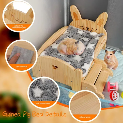 Miniatura 3 de BWOGUE Cama de Madera para Conejo de Indias con Escaleras y Alfombrilla, Cama de Felpa Lavable para Animales Pequeños, Plataforma de Cama