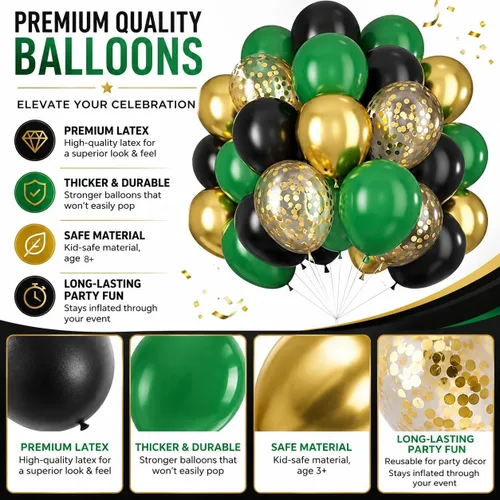 Miniatura 7 de Isndare Globos Negros, Dorados y Verdes para Decoraciones de Fiesta de Graduación 60 Piezas 30.5CM Globos Negros, Dorados y Verdes Metálicos Negro