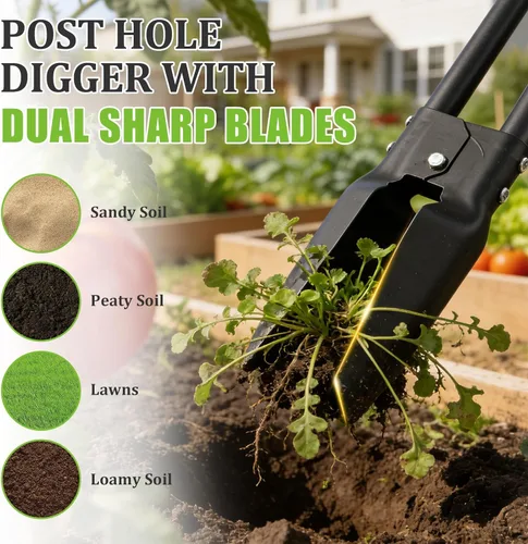 Miniatura 2 de Excavadora de agujeros para postes de 4.5 pies, resistente con cuchillas afiladas duales, herramienta manual profesional para jardinería