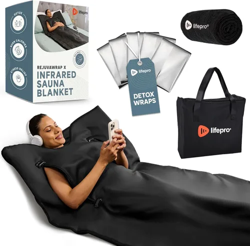Lifepro Manta de Sauna Infrarroja con Orificios Dobles con Cremallera para los Brazos – Calefacción de Fibra de Carbono de Baja EMF, 9 Niveles de