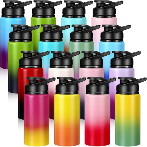 Miniatura 8 de Yinder 16 botellas de agua de aluminio a granel multicolor reutilizables con tapas a presión, paquete múltiple de botellas de agua al vacío