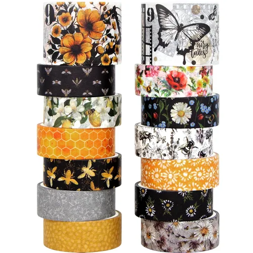 KOVANO Juego de cinta washi de 14 rollos, cinta decorativa vintage de abejas florales y mariposas, cintas decorativas amarillas y negras para