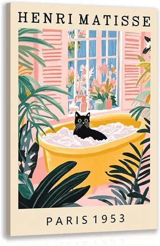 kilamino Arte de pared divertido enmarcado para baño, decoración de pared de gato negro Henri Matisse, lindo gato negro, pintura colorida en lienzo