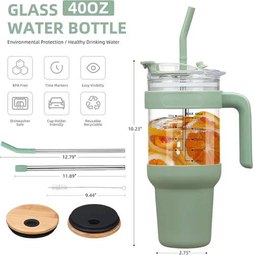 Miniatura 4 de Chunmo - Vaso de vidrio de 40 onzas con 2 tapas - Tapa de popote de bambú y tapa de popote 2-en-1 con apertura y cierre, taza para café helado