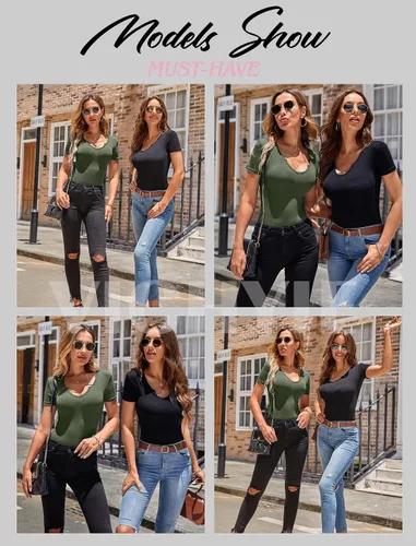 Miniatura 8 de VICHYIE Womens Tops V Neck Summer Short Sleeve Casual Slim Fitted Tshirt
