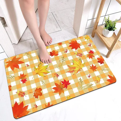 MEHOFOND Tapete de baño de hojas de arce otoñal, alfombra de baño de Acción de Gracias, alfombra de baño a rayas amarillas, alfombras de baño para