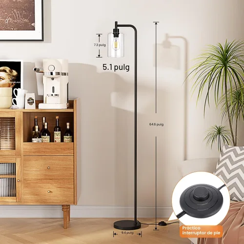 Miniatura 6 de Ziisee Lámpara de pie industrial con pantalla de cristal - Negra, bombillas LED, interruptor de pedal, fácil montaje negro (Clear-Black)