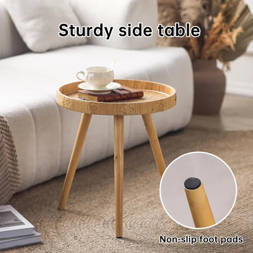 Miniatura 6 de Mesa auxiliar redonda, mesa auxiliar circular bohemia con patas de madera maciza, mesas auxiliares de ratán, sala de estar para espacios pequeños