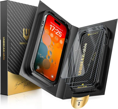 UNBREAKcable Paquete de 3 protectores de pantalla para iPhone 15, vidrio templado doble inastillable [caja de fijación rápida de fácil instalación]