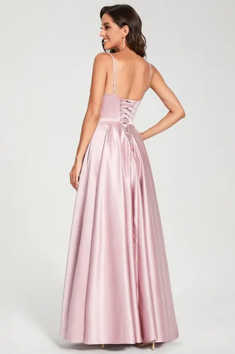 Miniatura 2 de TIRAS Vestidos de fiesta con cuello en V para mujer, vestido largo de fiesta de satén fruncido, vestido de noche con bolsillos CM139