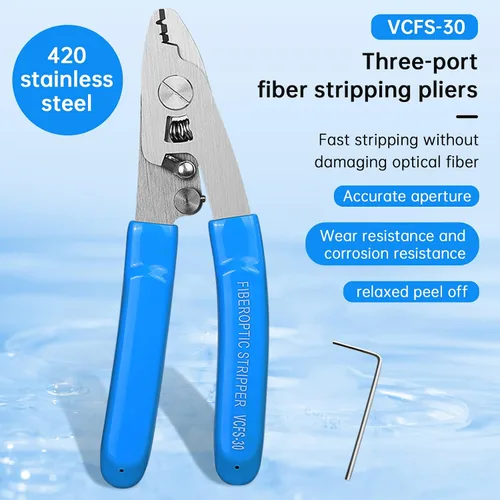 Miniatura 2 de Pelacables de fibra óptica, herramienta de pelado de fibra óptica de 3 orificios con mango de 6 pulgadas, llave hexagonal ajustable para chaqueta
