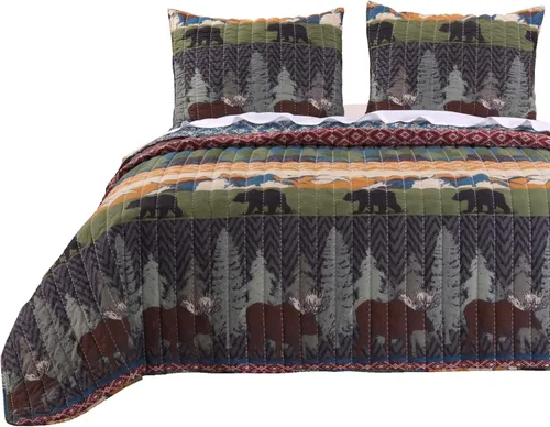 Miniatura 4 de Greenland Home juego de edredón con diseño de pinos y osos, negro, Algodón, Multicolor, gemelo