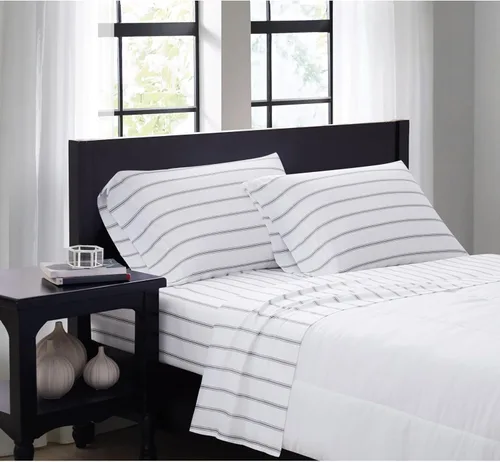 Miniatura 8 de Truly Soft Everyday Queen - Juego de sábanas de microfibra + fundas de almohada, colección Ticking Stripe, color blanco y azul marino Azul