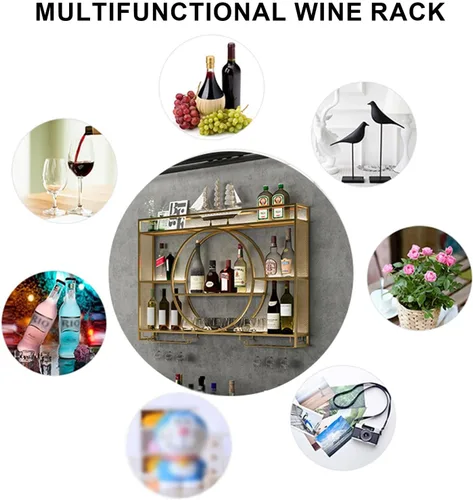 Miniatura 5 de Floating Wine Rack with Glass Holder and Heart Shaped Shelves Gold Wine Display Stand for Living Room or Wine Cellar Holds Liquor Bottles and Wine