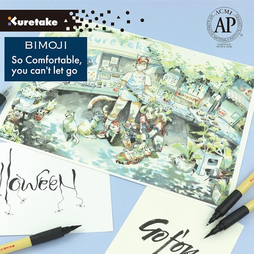 Miniatura 7 de Kuretake Bimoji - Juego de 5 rotuladores de pincel (extra fino, fino, mediano, grande, cepillo mediano), excelente para caligrafía, letras a mano e