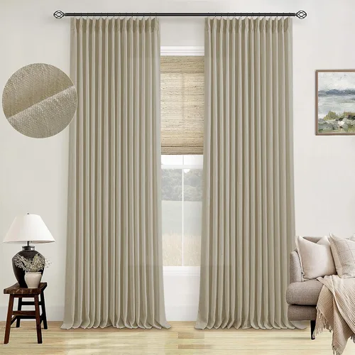 Miniatura 213 de Cortinas de lino natural con pliegues fruncidos de 120 pulgadas de largo para sala de estar, cortinas plisadas con ganchos y lengüeta trasera