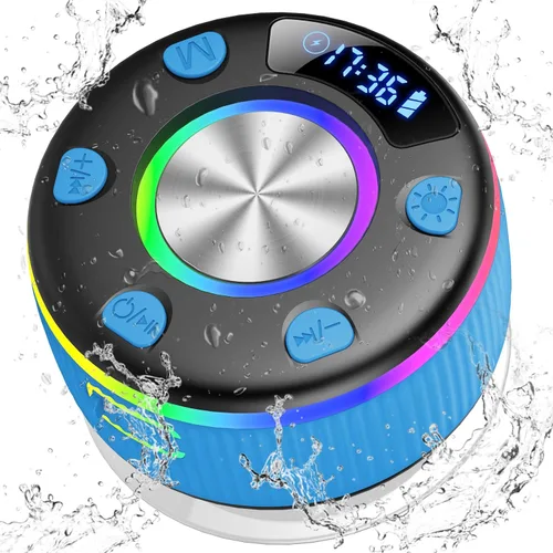 Miniatura 14 de Altavoz de ducha Bluetooth, IP7 impermeable, portátil, Bluetooth 5.3 con ventosa, mini altavoz inalámbrico con luces RGB, pantalla de tiempo, sonido
