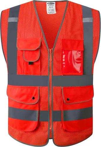 Miniatura 9 de JKSafety Chaleco de seguridad frontal con cremallera de alta visibilidad de 9 bolsillos de color dual MESH Lite Tira reflectante con ribete