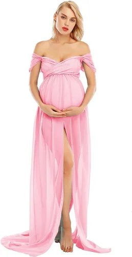 Miniatura 3 de ZIUMUDY Vestido de gasa de maternidad con hombros descubiertos para sesión de fotos, vestido largo de encaje frontal dividido para fotografía
