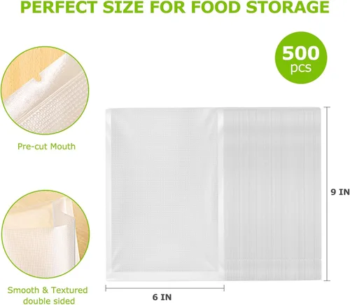 Miniatura 2 de Bonsenkitchen Bolsas selladoras al vacío precortadas, 500 bolsas tamaño Pint de 6" x 9", bolsas selladoras de alimentos, grado comercial, sin BPA