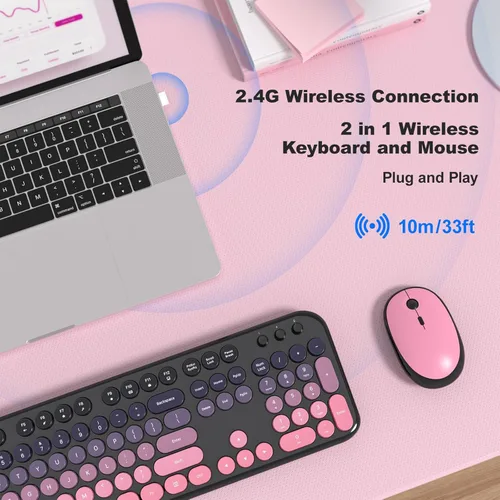 Miniatura 12 de KNOWSQT Combo de teclado y ratón inalámbrico, teclados lindos de tamaño completo estilo máquina de escribir 2.4G azul colorido - receptor USB Plug