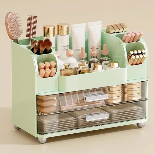 Miniatura 12 de UFORU Organizador de maquillaje para tocador con 2 cajones grandes, vitrina de cosméticos con soportes para cepillos, fácil de almacenar